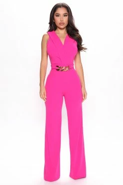 Fashion Nova Esmeralda Chain Jumpsuit - Fuchsia Wide Leg Jumpsuits