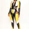 Fashion Nova Ready To Race Leather Jumpsuit - Black/Yellow Jumpsuits