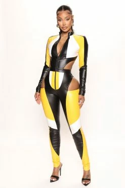 Fashion Nova Ready To Race Leather Jumpsuit - Black/Yellow Jumpsuits