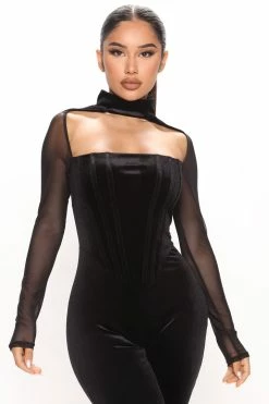 Fashion Nova Jumpsuits Vixen Vibe Velvet Jumpsuit - Black