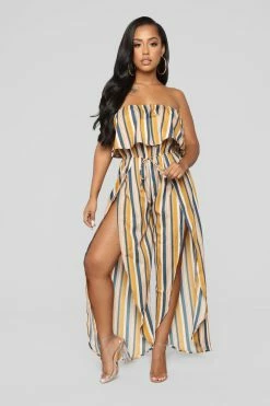 Fashion Nova Jumpsuits Monique Striped Jumpsuit - Mustard