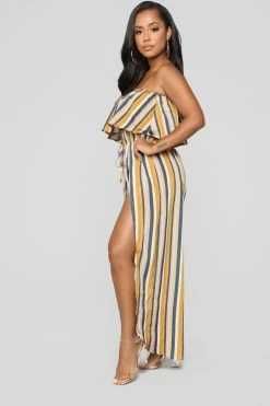 Fashion Nova Jumpsuits Monique Striped Jumpsuit - Mustard