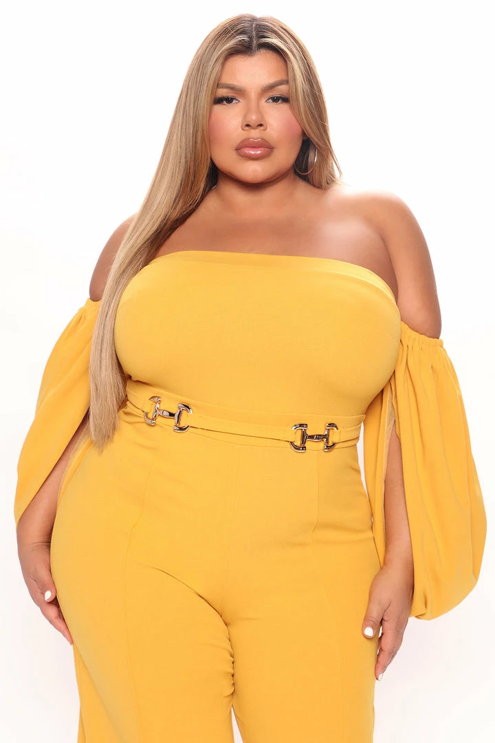 Fashion Nova Felicia Off Shoulder Jumpsuit - Mustard Wide Leg Jumpsuits