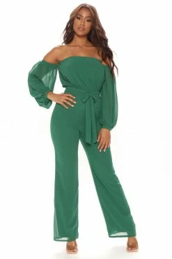 Fashion Nova Jumpsuits Lorena Off Shoulder Jumpsuit - Hunter Green