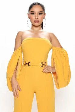 Fashion Nova Felicia Off Shoulder Jumpsuit - Mustard Wide Leg Jumpsuits