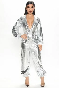 Fashion Nova Jumpsuits Out Of This World Metallic Jumpsuit - Silver