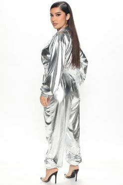 Fashion Nova Jumpsuits Out Of This World Metallic Jumpsuit - Silver