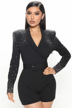 Fashion Nova Money Maker Embellished Blazer Romper - Black