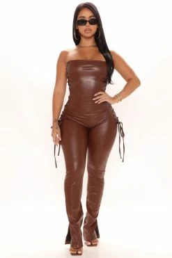 Fashion Nova Party On PU Leather Jumpsuit - Brown Jumpsuits