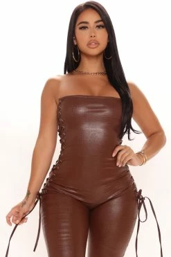 Fashion Nova Party On PU Leather Jumpsuit - Brown Jumpsuits