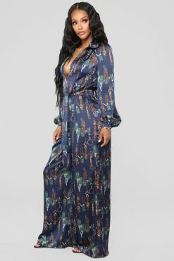 Fashion Nova Jumpsuits The Entertainer Satin Jumpsuit - Navy