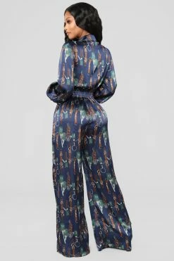 Fashion Nova Jumpsuits The Entertainer Satin Jumpsuit - Navy