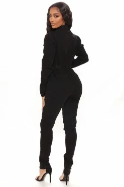 Fashion Nova Dare To Be Casual Denim Jumpsuit - Black Skinny Leg Jumpsuits