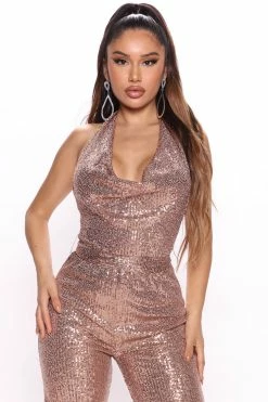 Fashion Nova Total Flirt Sequin Jumpsuit - Bronze