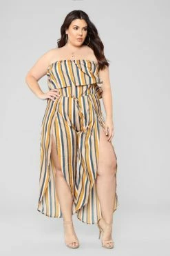Fashion Nova Jumpsuits Monique Striped Jumpsuit - Mustard