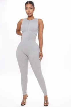 Fashion Nova Jumpsuits Essential Ribbed For Days Jumpsuit - Heather Grey