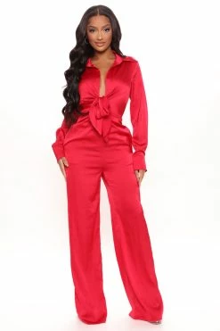 Fashion Nova Fabulosity Stretch Satin Jumpsuit - Red