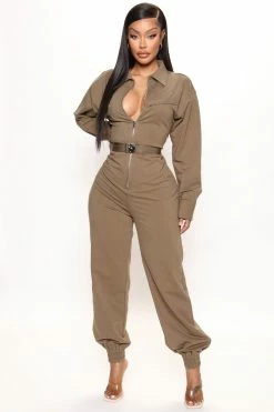 Fashion Nova Jumpsuits Get In Line Utility Jumpsuit - Olive