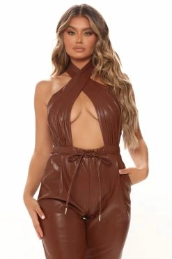 Fashion Nova Keep Up Faux Leather Jumpsuit - Brown