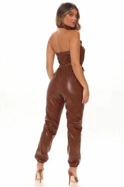 Fashion Nova Keep Up Faux Leather Jumpsuit - Brown