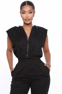 Fashion Nova Isabel Shoulder Pad Sweat Jumpsuit - Black Jumpsuits