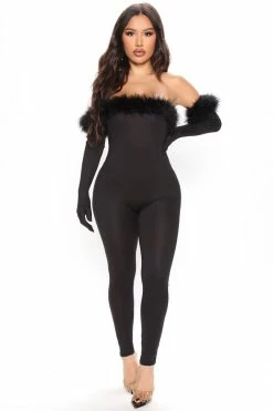 Fashion Nova Erika Feather Jumpsuit - Black Jumpsuits