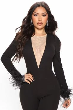 Fashion Nova Jumpsuits Queen B Feather Jumpsuit - Black