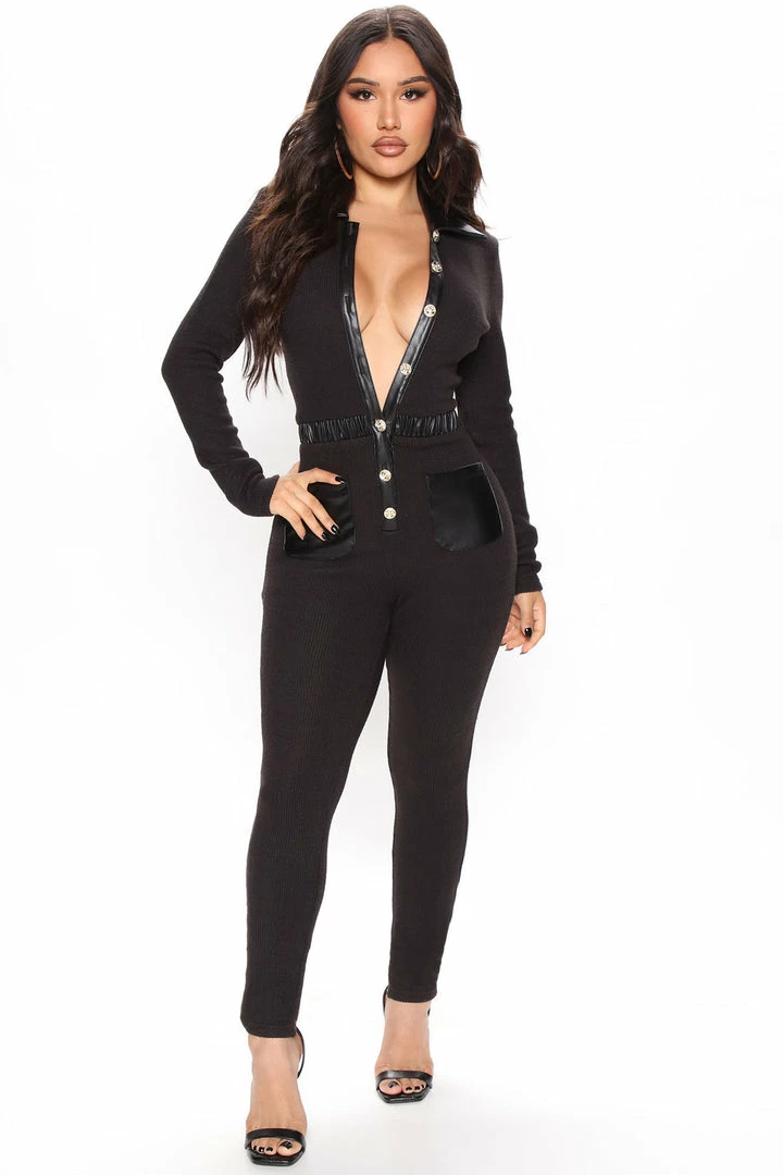 Fashion Nova Stay Classy Sweater Jumpsuit - Black