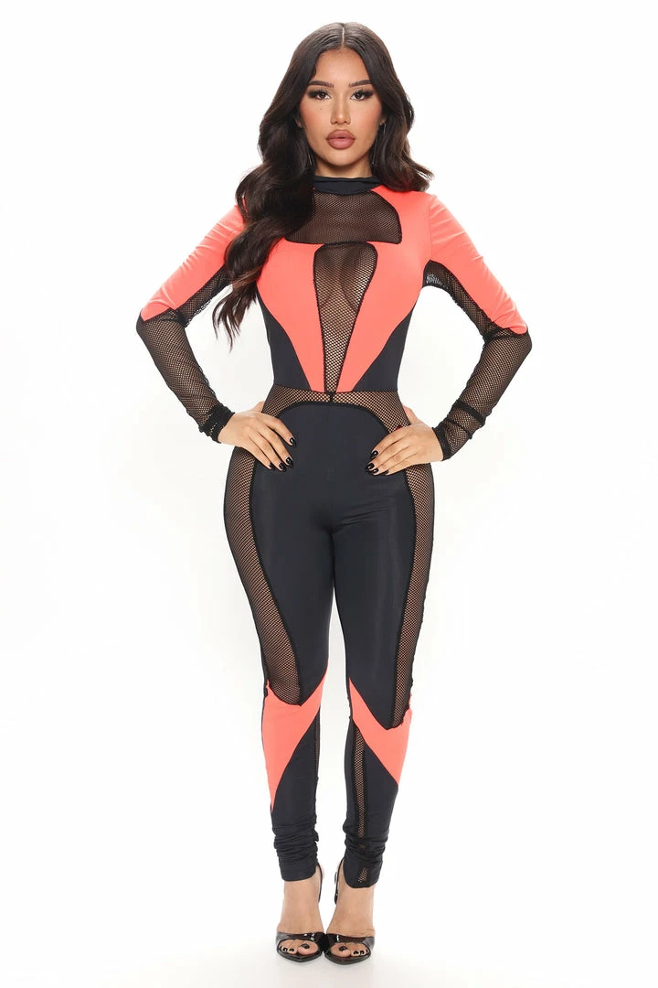 Fashion Nova Feeling You Fishnet Jumpsuit - Orange/combo Jumpsuits