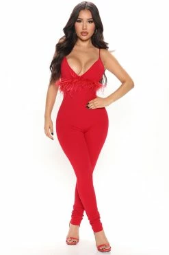 Fashion Nova Kelly Feather Jumpsuit - Red