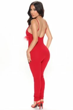 Fashion Nova Kelly Feather Jumpsuit - Red