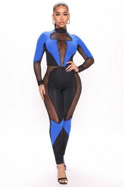 Fashion Nova Feeling You Fishnet Jumpsuit - Royal/combo