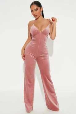 Fashion Nova Jumpsuits Shimmer Babe Velvet Jumpsuit - Mauve