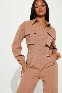 Fashion Nova Here For It Cargo Jumpsuit - Taupe Jumpsuits