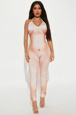 Fashion Nova Naked Illusion Jumpsuit - Nude