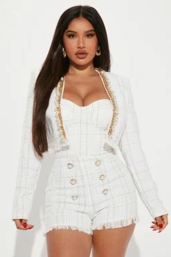 Fashion Nova More Gossip Tweed Romper Set - White/combo Rompers