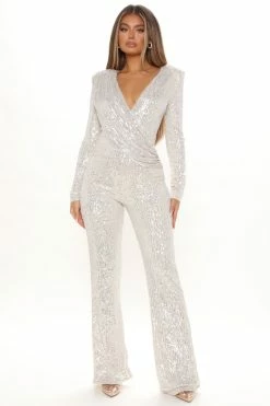 Fashion Nova Wide Leg Jumpsuits Samantha Sequin Jumpsuit - Silver