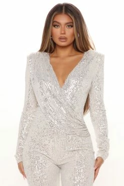 Fashion Nova Wide Leg Jumpsuits Samantha Sequin Jumpsuit - Silver