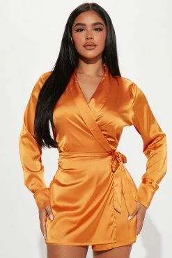 Fashion Nova Step It Up Satin Romper - Mustard