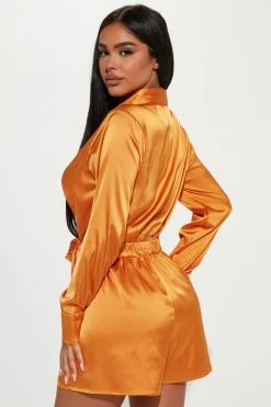 Fashion Nova Step It Up Satin Romper - Mustard