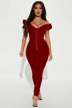 Fashion Nova Vivian Velvet Jumpsuit - Red Jumpsuits
