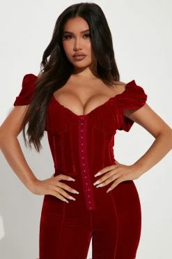 Fashion Nova Vivian Velvet Jumpsuit - Red Jumpsuits