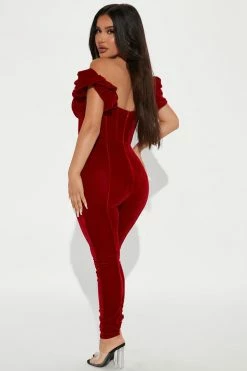 Fashion Nova Vivian Velvet Jumpsuit - Red Jumpsuits