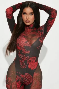 Fashion Nova Jumpsuits Time To Slay Mesh Jumpsuit - Red/combo