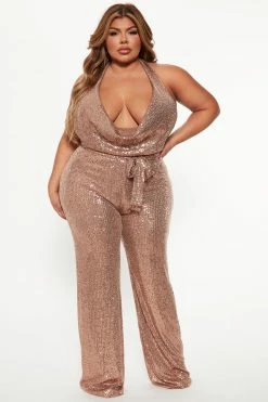 Fashion Nova Total Flirt Sequin Jumpsuit - Bronze