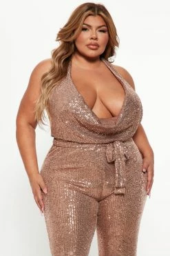 Fashion Nova Total Flirt Sequin Jumpsuit - Bronze