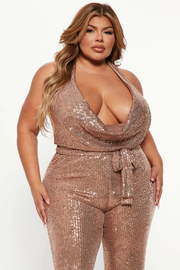 Fashion Nova Total Flirt Sequin Jumpsuit - Bronze