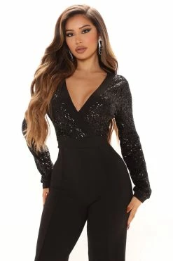 Fashion Nova Jumpsuits Glamour And Glitz Sequin Jumpsuit - Black