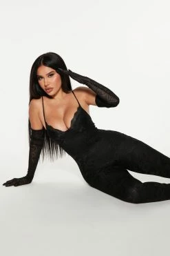 Fashion Nova Jumpsuits Lily Lace Jumpsuit Set - Black