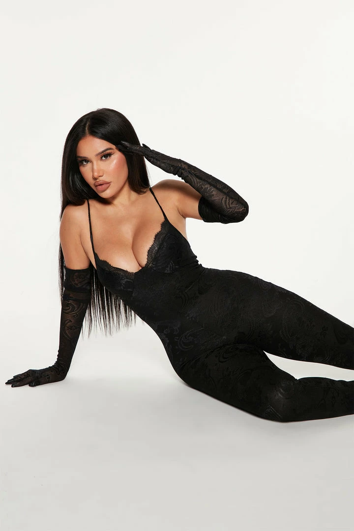 Fashion Nova Jumpsuits Lily Lace Jumpsuit Set - Black